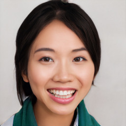 Joyful white young-adult female with medium  black hair and brown eyes