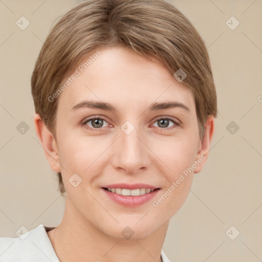 Joyful white young-adult female with short  brown hair and grey eyes