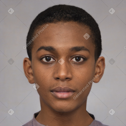 Neutral black young-adult male with short  black hair and brown eyes