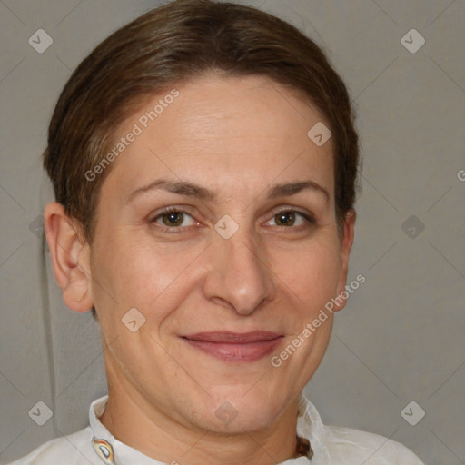 Joyful white adult female with short  brown hair and brown eyes