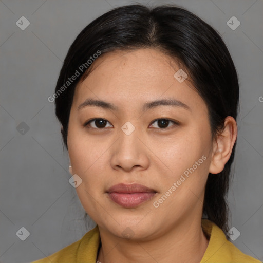 Joyful asian young-adult female with medium  brown hair and brown eyes