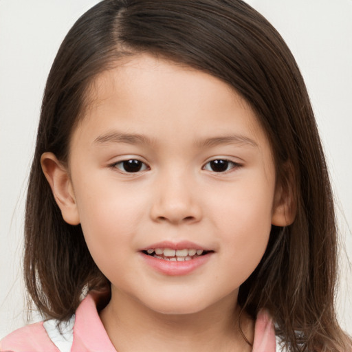 Joyful white child female with medium  brown hair and brown eyes