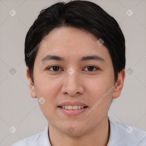 Joyful white young-adult female with short  black hair and brown eyes