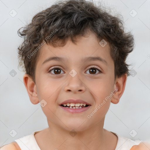 Joyful white child male with short  brown hair and brown eyes