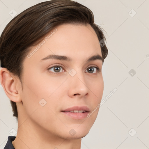 Neutral white young-adult female with short  brown hair and brown eyes