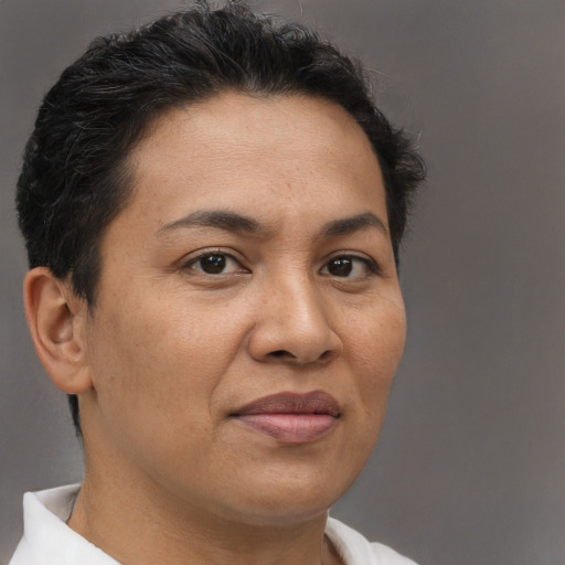 Neutral white adult female with short  brown hair and brown eyes