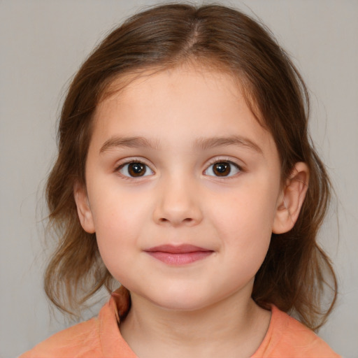 Joyful white child female with medium  brown hair and brown eyes