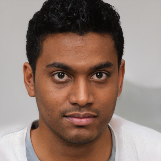 Neutral black young-adult male with short  black hair and brown eyes
