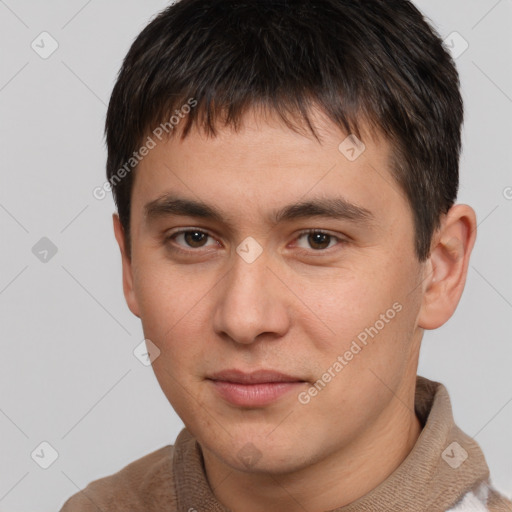 Neutral white young-adult male with short  brown hair and brown eyes