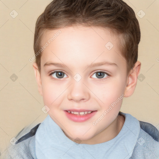 Joyful white child female with short  brown hair and brown eyes