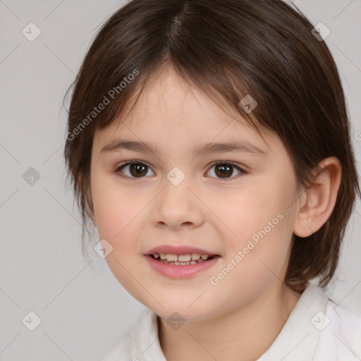 Joyful white child female with medium  brown hair and brown eyes