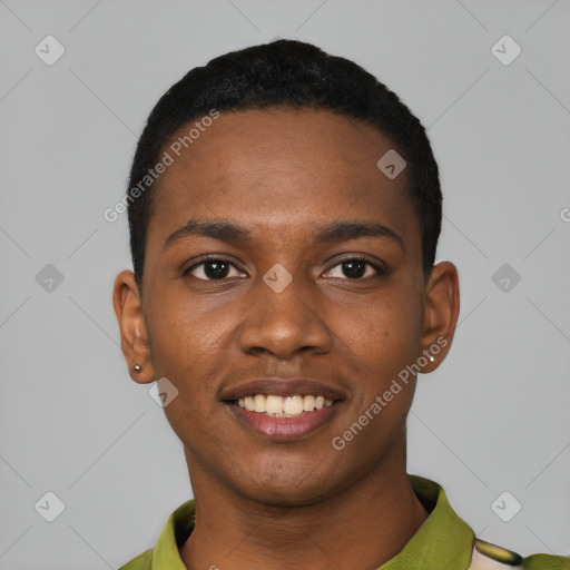 Joyful black young-adult male with short  black hair and brown eyes