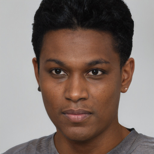 Neutral black young-adult male with short  black hair and brown eyes