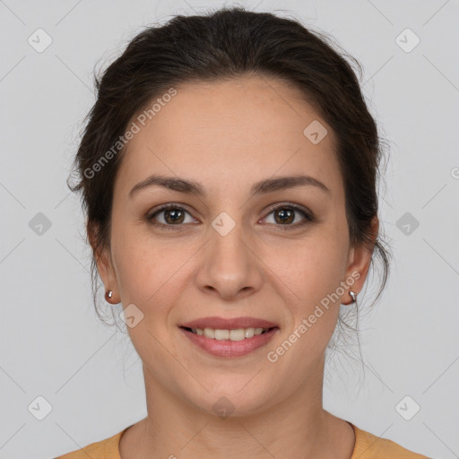 Joyful white young-adult female with medium  brown hair and brown eyes