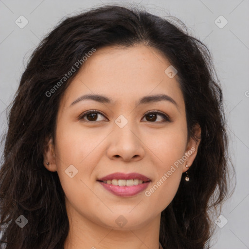 Joyful asian young-adult female with long  brown hair and brown eyes