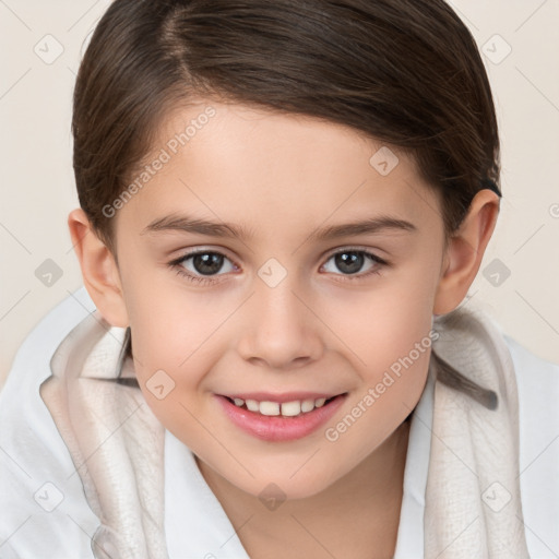 Joyful white child female with medium  brown hair and brown eyes