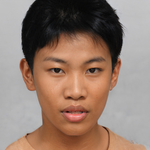 Neutral asian young-adult male with short  brown hair and brown eyes