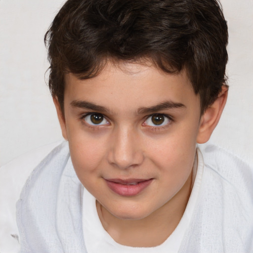 Joyful white child female with short  brown hair and brown eyes