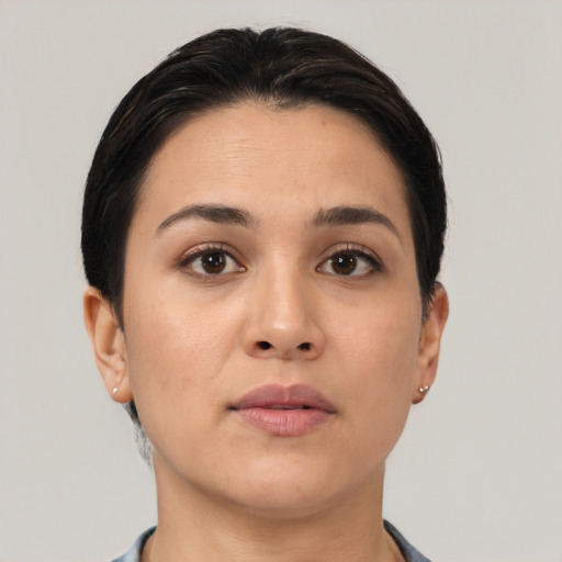 Neutral asian young-adult female with short  black hair and brown eyes