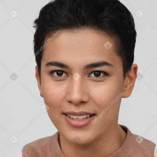 Joyful asian young-adult female with short  brown hair and brown eyes