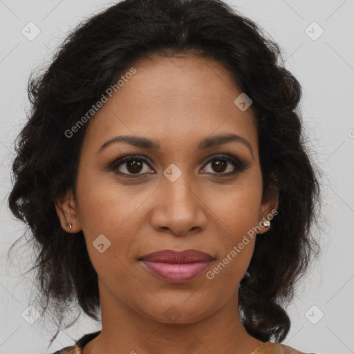 Joyful black young-adult female with medium  brown hair and brown eyes