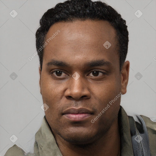 Neutral black young-adult male with short  black hair and brown eyes