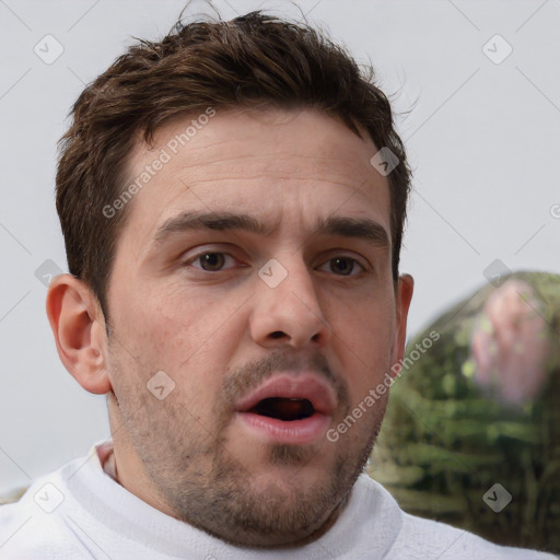 Neutral white young-adult male with short  brown hair and brown eyes