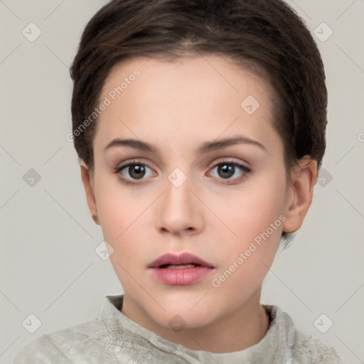 Neutral white young-adult female with short  brown hair and brown eyes