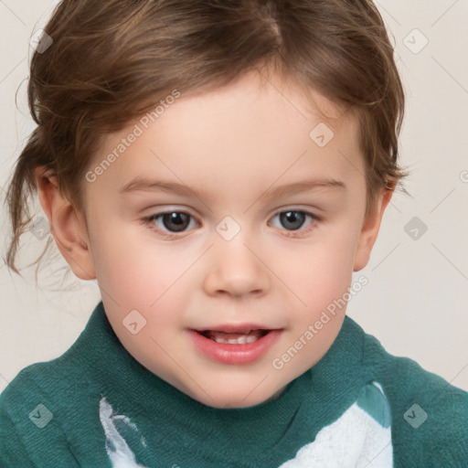 Joyful white child female with short  brown hair and brown eyes