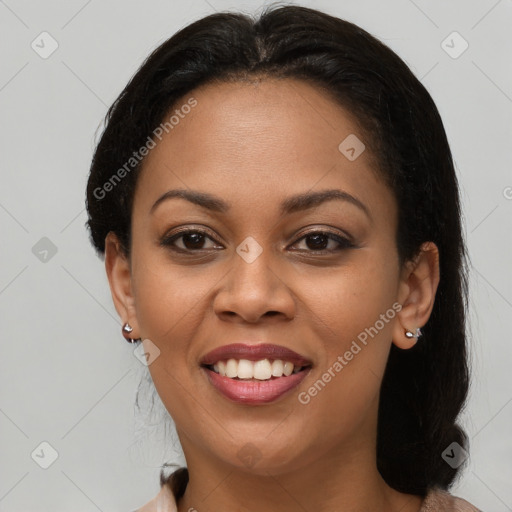 Joyful latino young-adult female with medium  brown hair and brown eyes