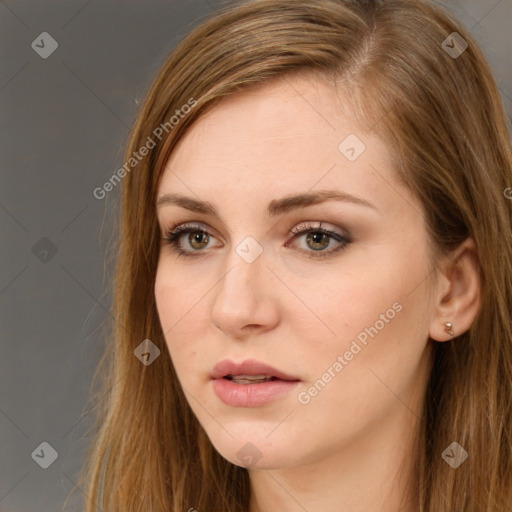 Neutral white young-adult female with long  brown hair and brown eyes