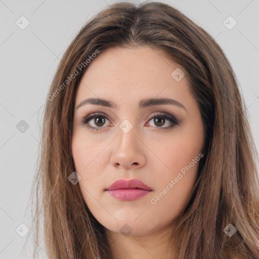 Neutral white young-adult female with long  brown hair and brown eyes