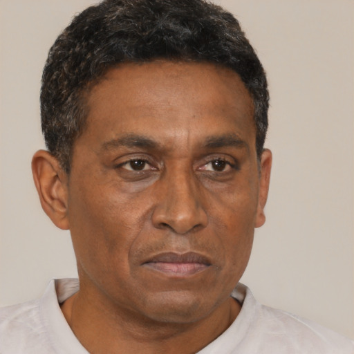 Neutral black adult male with short  black hair and brown eyes