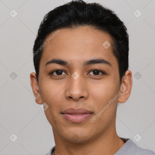 Joyful latino young-adult female with short  black hair and brown eyes