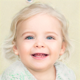 Joyful white child female with medium  brown hair and blue eyes