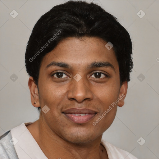 Joyful latino young-adult female with short  black hair and brown eyes