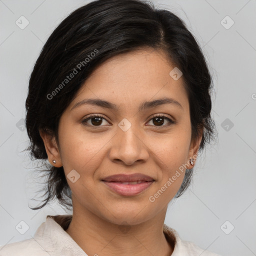 Joyful latino young-adult female with medium  brown hair and brown eyes