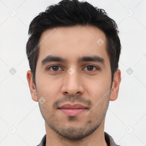 Neutral latino young-adult male with short  black hair and brown eyes