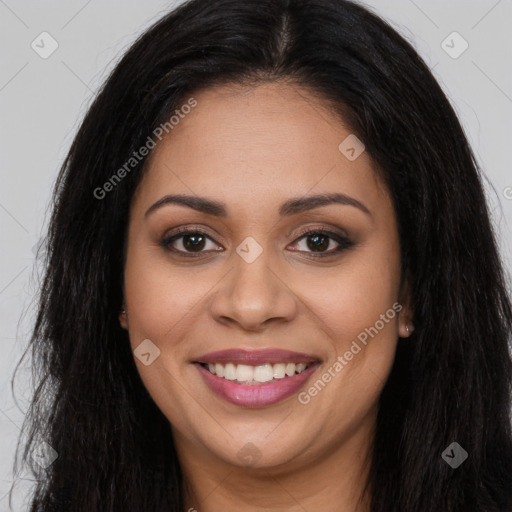 Joyful latino young-adult female with long  brown hair and brown eyes