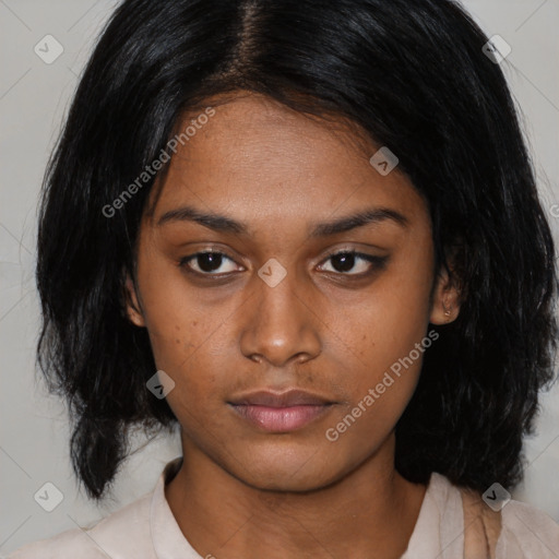 Neutral asian young-adult female with medium  black hair and brown eyes