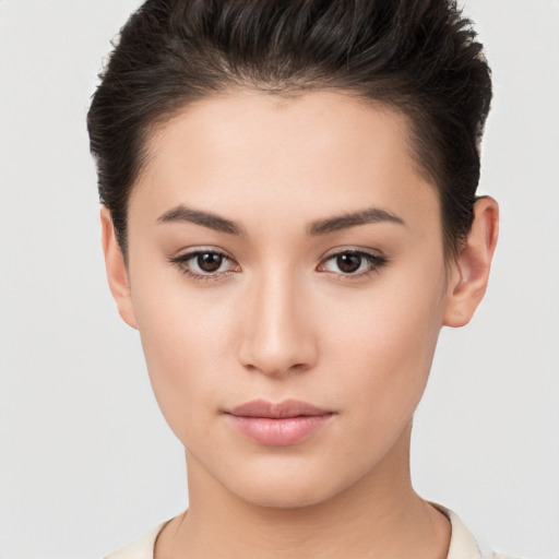 Neutral white young-adult female with short  brown hair and brown eyes