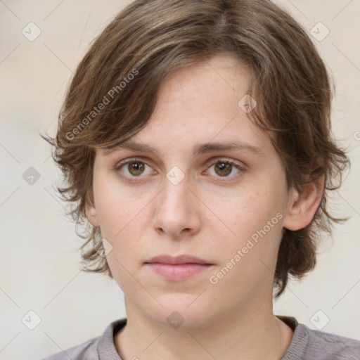 Neutral white young-adult female with medium  brown hair and brown eyes