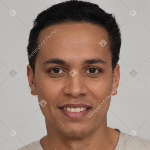 Joyful latino young-adult male with short  black hair and brown eyes