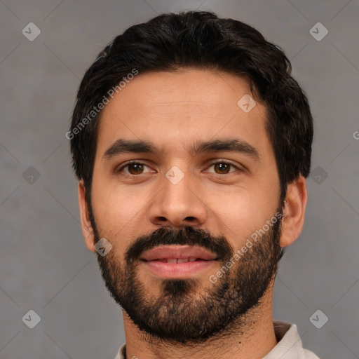 Neutral white young-adult male with short  black hair and brown eyes