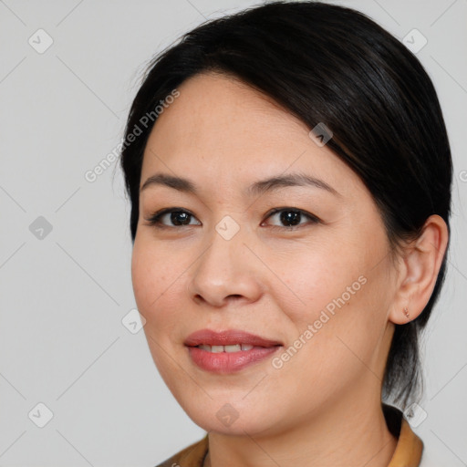 Joyful white young-adult female with medium  brown hair and brown eyes