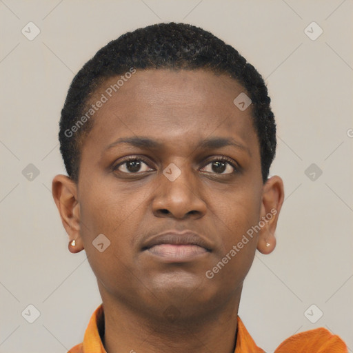 Neutral black young-adult female with short  brown hair and brown eyes