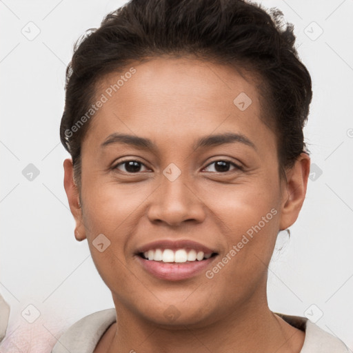 Joyful white young-adult female with short  brown hair and brown eyes