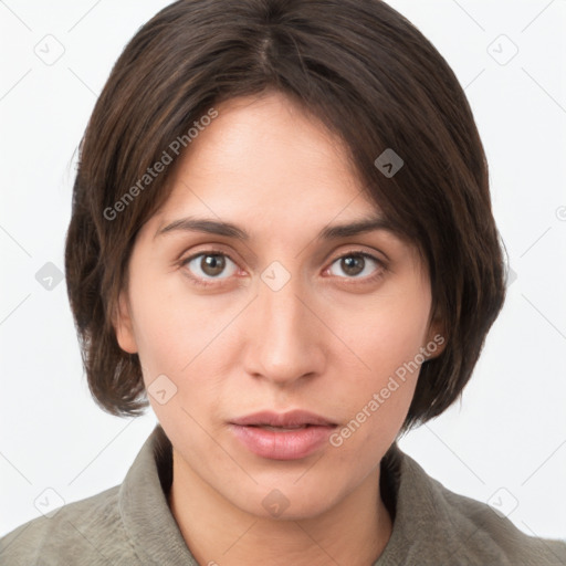 Neutral white young-adult female with medium  brown hair and brown eyes