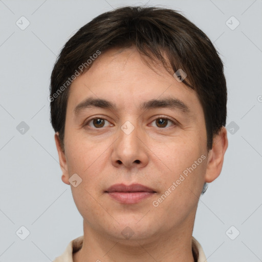 Neutral white young-adult male with short  brown hair and brown eyes