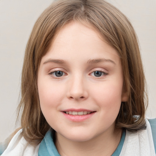 Joyful white child female with medium  brown hair and blue eyes